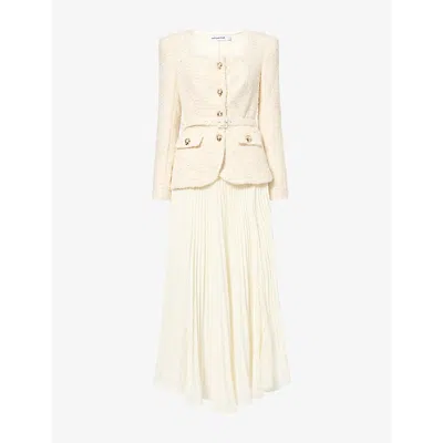 Self-portrait Womens Tailored Boucle Pleated-skirt Woven Midi Dress Cream In Neutral