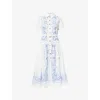 Self-portrait Embroidered Cotton Belted Midi Dress In Blue