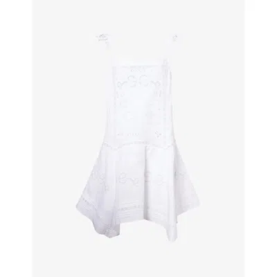 Self-portrait Womens White Broderie-anglaise Asymmetric-hem Linen And Cotton Mini Dress