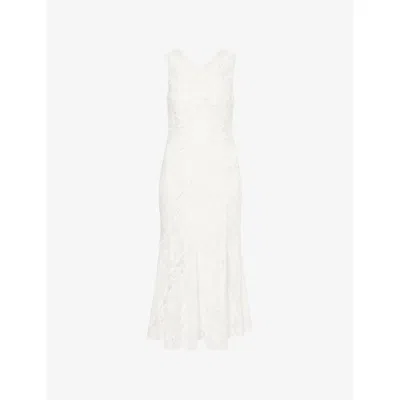 Self-portrait Womens White Lace-insert Floral-embroidered Ramie Midi Dress