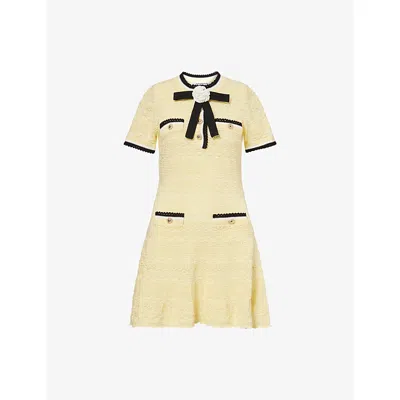 Self-portrait Womens Yellow Contrast-trim Pointelle Cotton-knit Mini Dress Xs