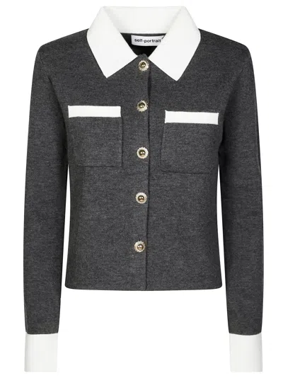 Self-portrait Wool Blend Cardigan With Contrasting Collar In Gray