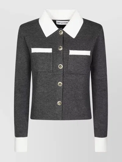 Self-portrait Wool Blend Contrast Collar Cardigan In Black