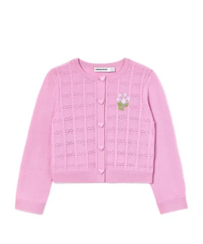 Self-portrait Kids' Wool Bow Openwork Knit Cardigan In Pink