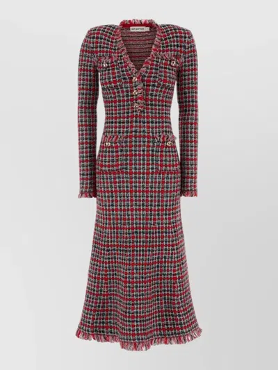 Self-portrait Wool Checked Frayed Knit Midi Dress