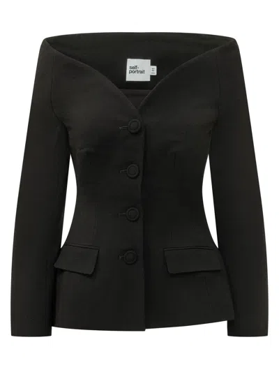 Self-portrait Wool Crepe Blazer Jacket In Black