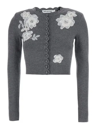Self-portrait Wool Cropped Cardigan With Embroidered Floral Lace Motif In Gray