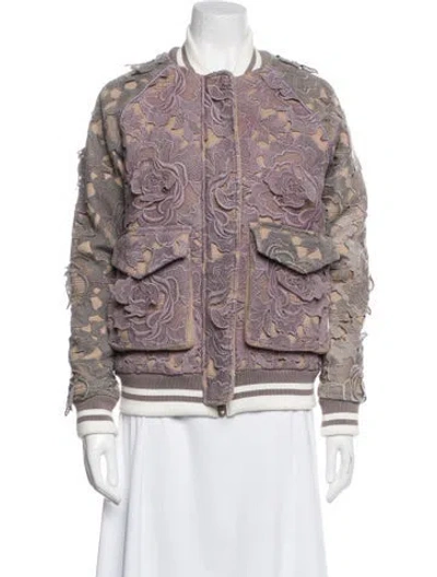 Pre-owned Self-portrait Wool Lace Pattern Bomber Jacket In Purple