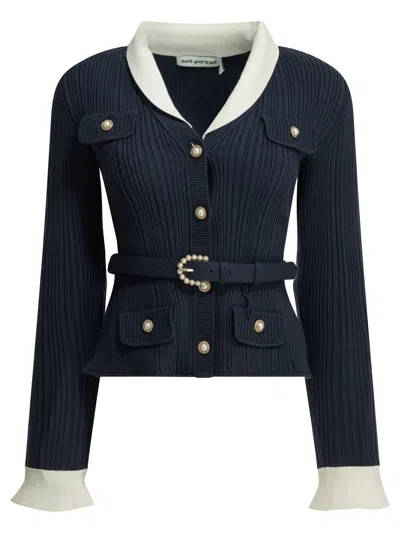 Self-portrait Belted Ribbed Knit Cardigan In Blue