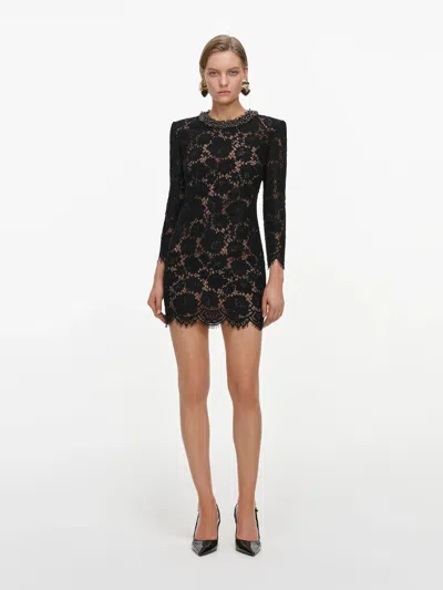 Self-portrait -inspired Lace Mini Dress With Neck Detail And Long Sleeves In Nero