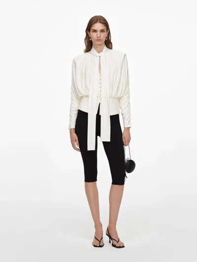 Self-portrait -inspired Pussy Bow Button-front Shirt With Removable Shoulder Pads In Neutral