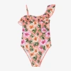 SELINI ACTION GIRLS PINK BEADED FLORAL RUFFLE SWIMSUIT
