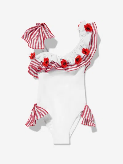 Selini Action Girls Striped Ruffle Poppy Flower Swimsuit In Red