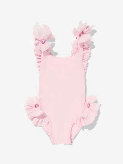 Selini Action Kids' Girls Tulle Bows And Diamante Swimsuit In Pink