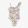 SELINI ACTION GIRLS WHITE BEADED FLORAL RUFFLE SWIMSUIT