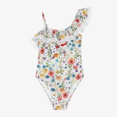 Selini Action Kids' Girls White Beaded Floral Ruffle Swimsuit