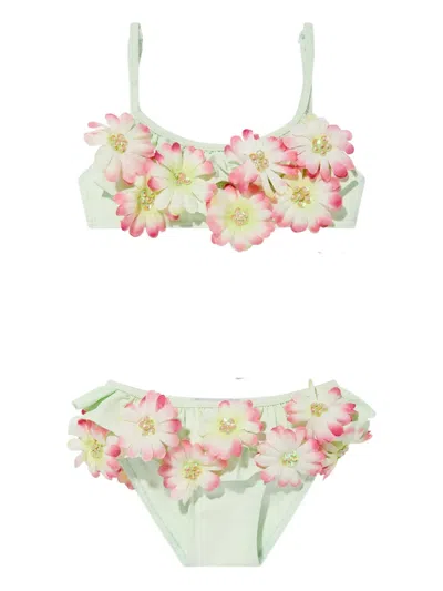 Seliniaction Kids' Flower-embellished Ruffled Bikini In Green