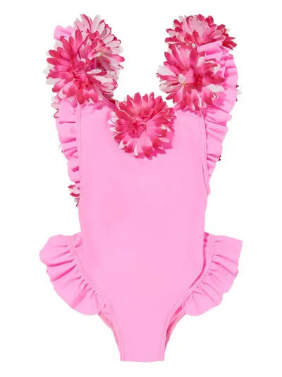 Seliniaction Kids' Flower-embellished Ruffled Swimsuit In Pink