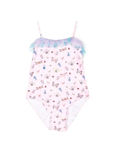 Seliniaction Kids' Insect-print Tulle-trim Swimsuit In Pink