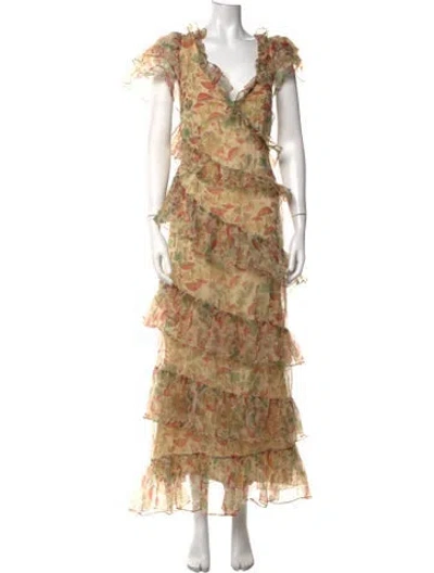 Pre-owned Selkie Floral Print Long Dress In Gold