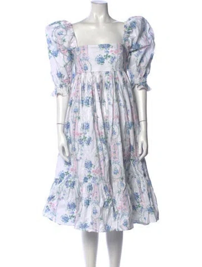 Pre-owned Selkie Floral Print Midi Length Dress W/ Tags In White