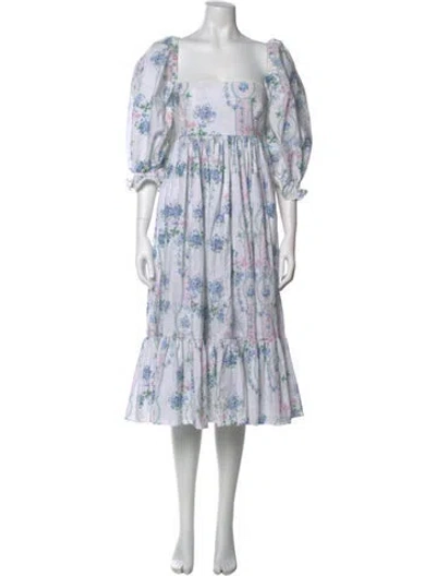 Pre-owned Selkie Floral Print Midi Length Dress In White