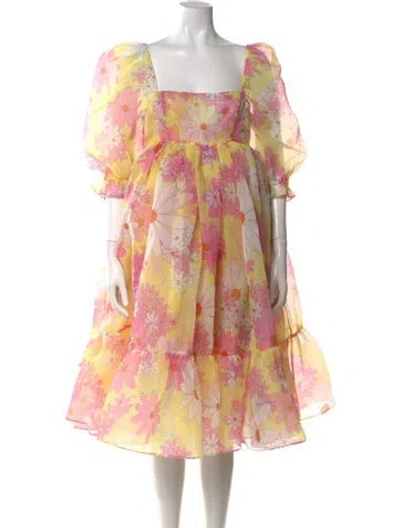 Pre-owned Selkie Floral Print Midi Length Dress In Yellow