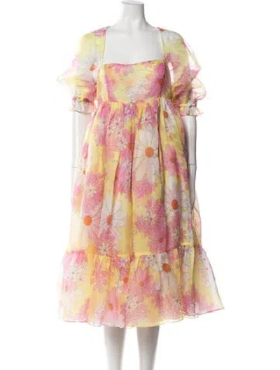 Pre-owned Selkie Floral Print Midi Length Dress In Yellow