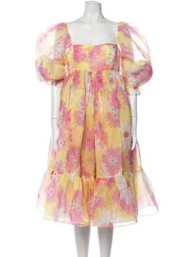 Pre-owned Selkie Floral Print Midi Length Dress In Yellow