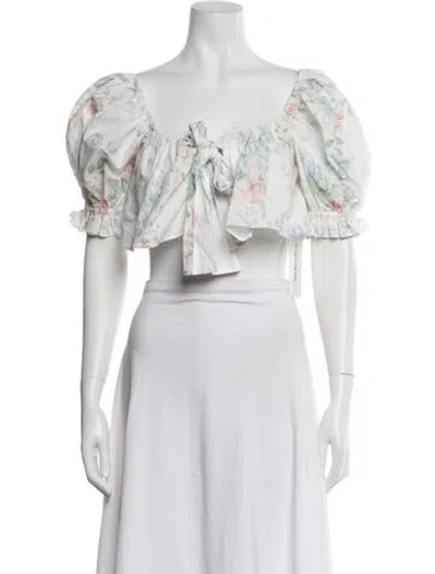 Pre-owned Selkie Floral Print Square Neckline Crop Top In White