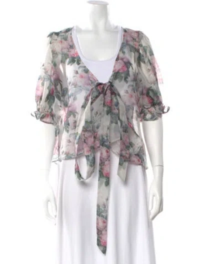 Pre-owned Selkie Floral Print Tie Neck Blouse In Gray