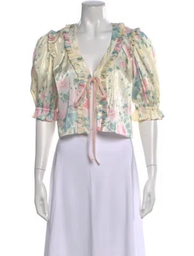 Pre-owned Selkie Floral Print V-neck Top In White