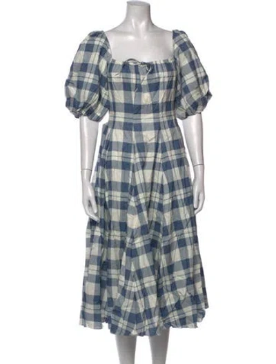 Pre-owned Selkie Plaid Print Midi Length Dress In Blue