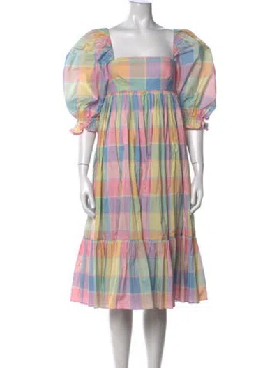 Pre-owned Selkie Plaid Print Midi Length Dress W/ Tags In Blue