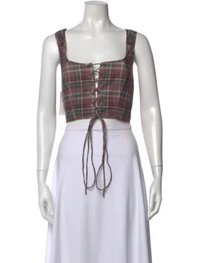 Pre-owned Selkie Plaid Print Square Neckline Crop Top In Neutrals