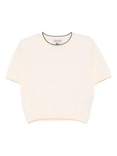 SEMICOUTURE BEIGE COTTON SWEATER WITH SHORT SLEEVES