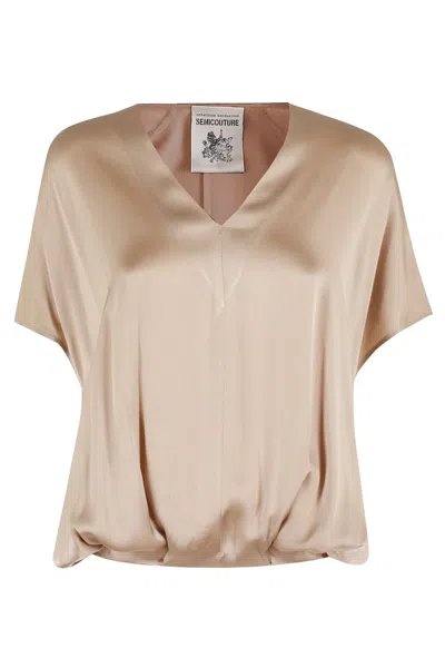 SEMICOUTURE SEMI COUTURE BRONZE SATIN V-NECK BLOUSE