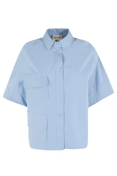 Semicouture Semi Couture Brunilde Relaxed Oversized Cotton Top In Blue