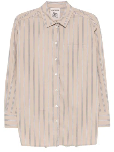 Semicouture Semi Couture Button-up Shirt With Lace Overlay And Vertical Stripes In Neutrals