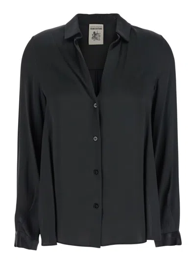Semicouture Semi Couture Classic Button-down Satin Shirt With Relaxed Fit And Pleated Back In Black
