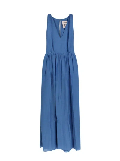 Semi-couture Cotton And Silk Dress With Back Knot In Blue