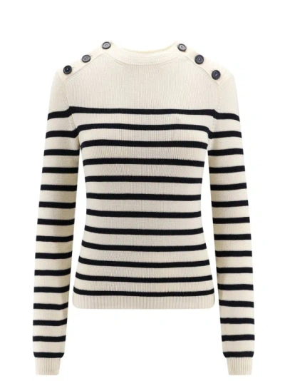 Semi-couture Cotton Sweater With Striped Motif In White