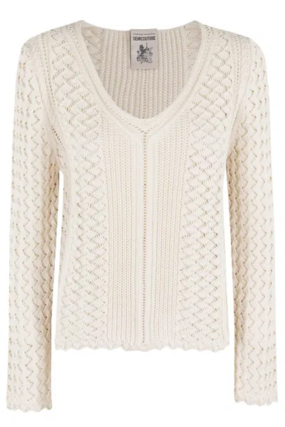 Semicouture Semi Couture Marina Openwork V-neck Top With Scalloped Hem In Beige