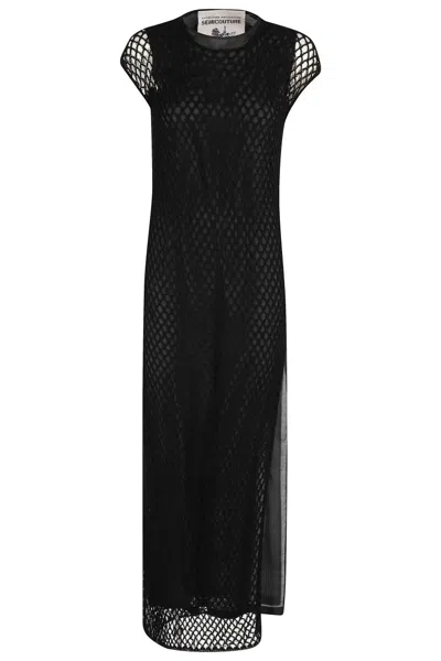Semicouture Semi Couture Mesh Fabric Maxi Dress With Side Slit In Black