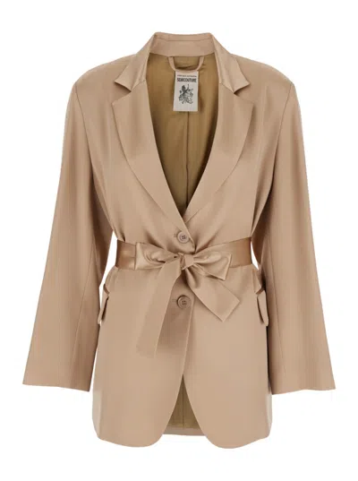 Semicouture Semi Couture Satin Blazer With Tailored Silhouette And Belted Waist In Neutrals