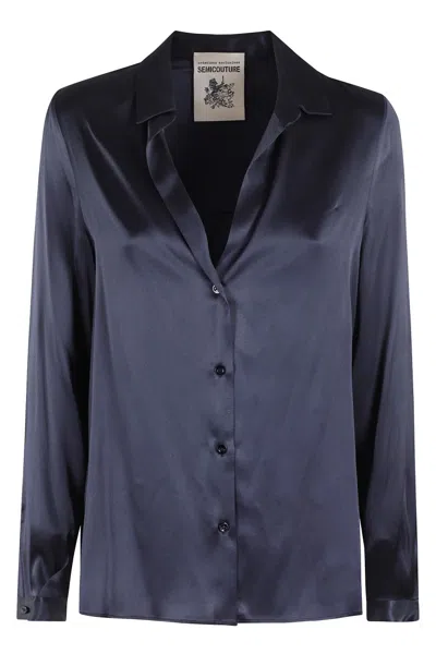 Semicouture Semi Couture Satin-finish Ava Shirt With Classic Collar In Blue