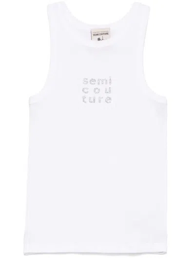 Semicouture Semi Couture Sleeveless White Top With Subtle Logo Embellishment
