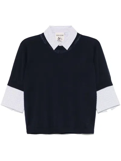 Semicouture Semi Couture V-neck Blue Sweater With Layered Detail