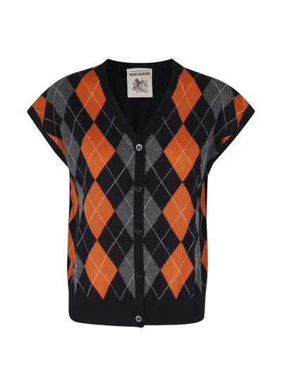 Semicouture Amie Argyle-pattern Sleeveless Cardigan In Black