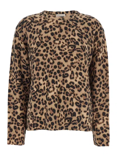 SEMICOUTURE BROWN CREWNECK SWEATER WITH ALL-OVER LEOPARD MOTIF IN WOOL AND CASHMERE WOMAN